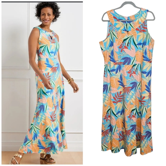 Talbots Plus Size Petite Jersey Knit Vacation Resortwear Maxi Dress Leaf Print - Picture 1 of 8